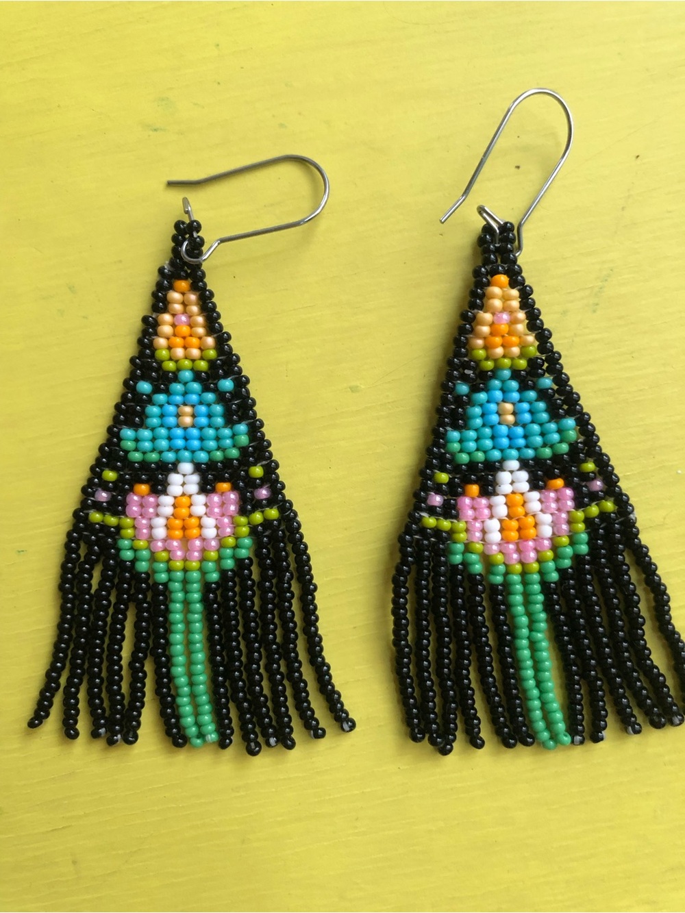Handmade Beaded Fringe Earrings with Floral Motif - Black & Turquoise